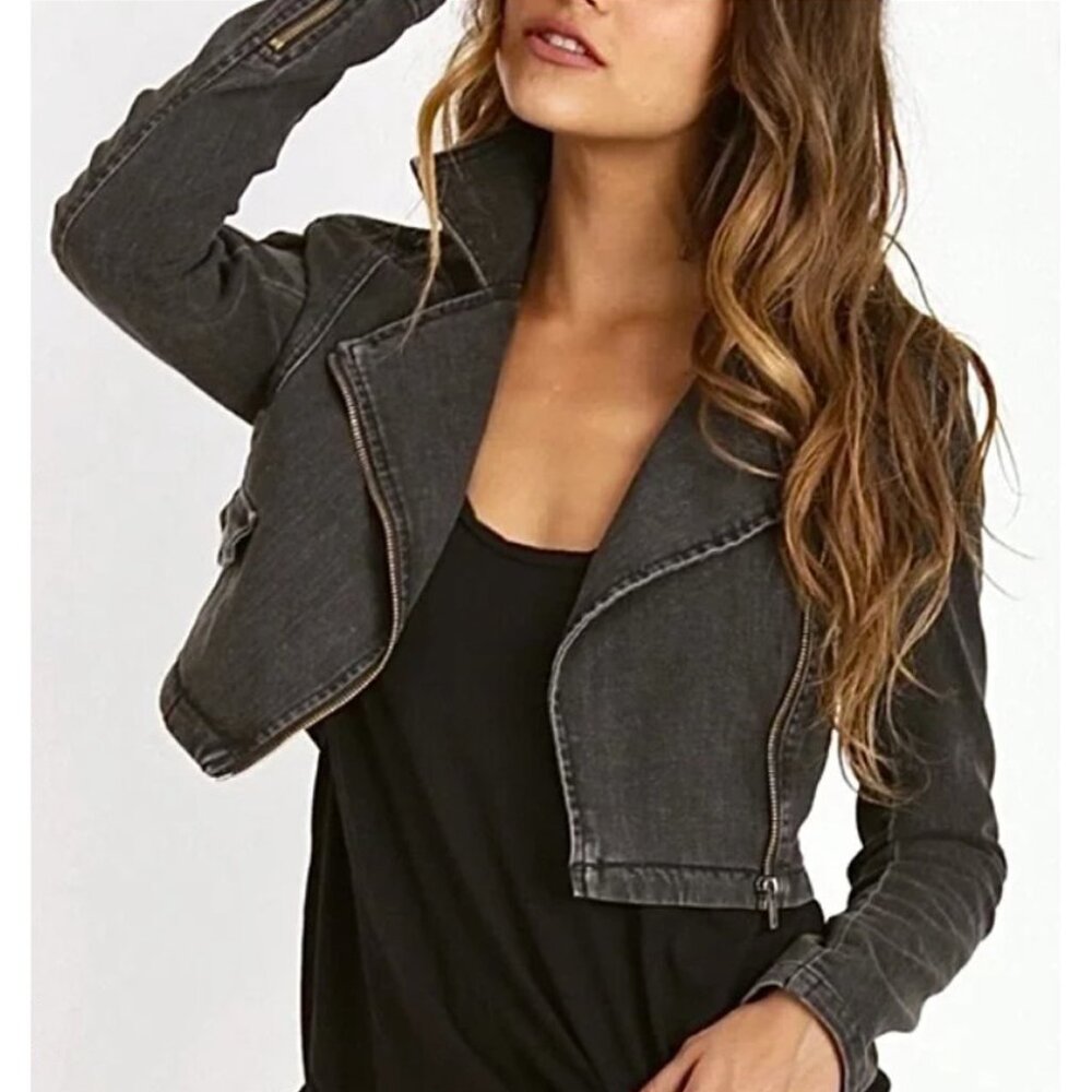 Free People James Dean Cropped Moto Denim Jacket - Washed Black - Size M - NWT